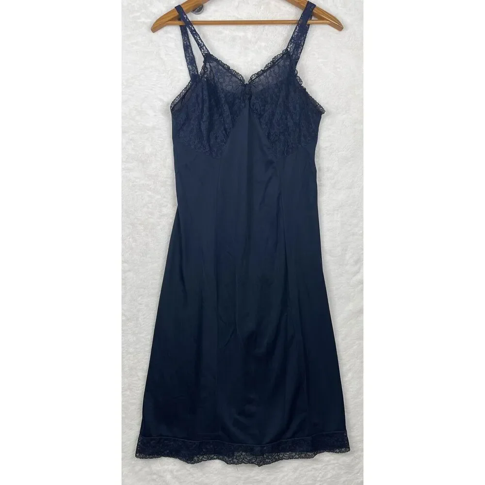 Vintage Henson Kickernick Full Slip Womens 38 Blue Silky Nylon Lace Lingerie - Picture 1 of 12